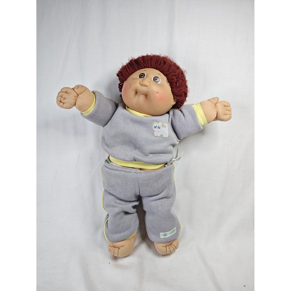 Vintage 1985 Cabbage Patch Kids Doll Red Hair Brown Eyes Gray Tracksuit Cat